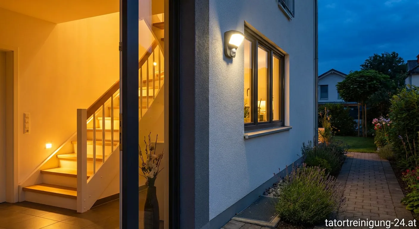 Moderne LED-Beleuchtung an einem Einfamilienhaus bei Nacht