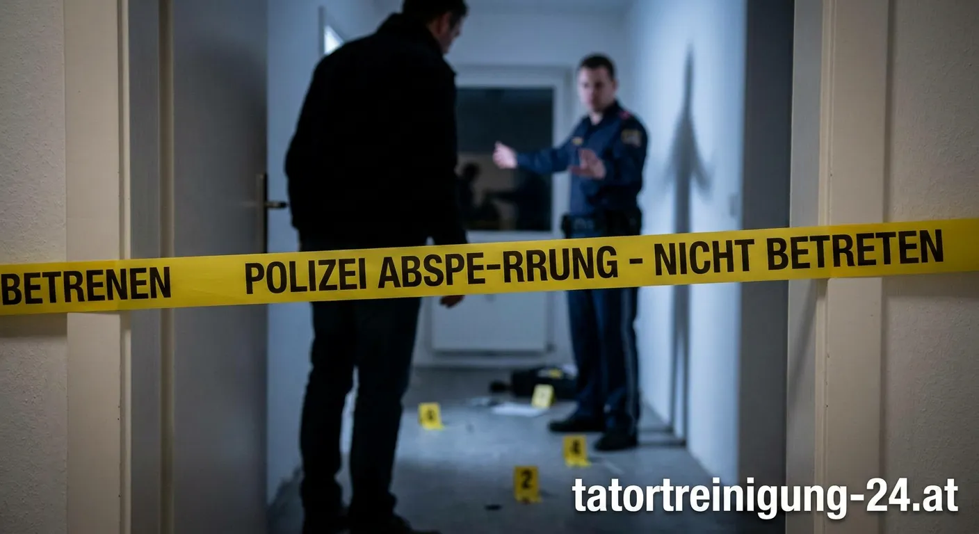 Abgesperrter Tatort mit Warnband und Polizei