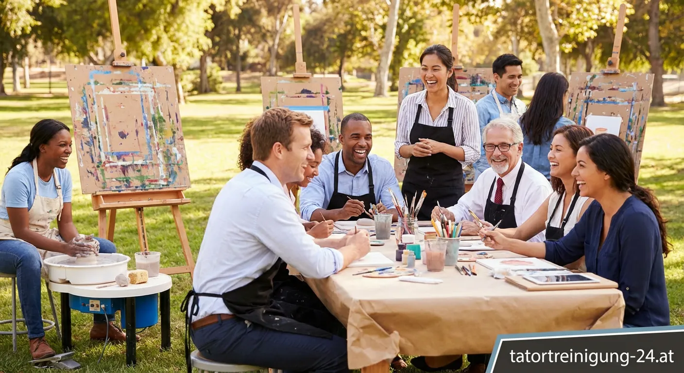 Glückliches Team bei einem Outdoor Betriebsausflug im Wald beim Teambuilding