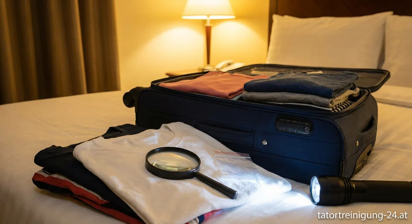 Geöffneter Koffer auf einem Hotelbett wird auf Bettwanzen untersucht