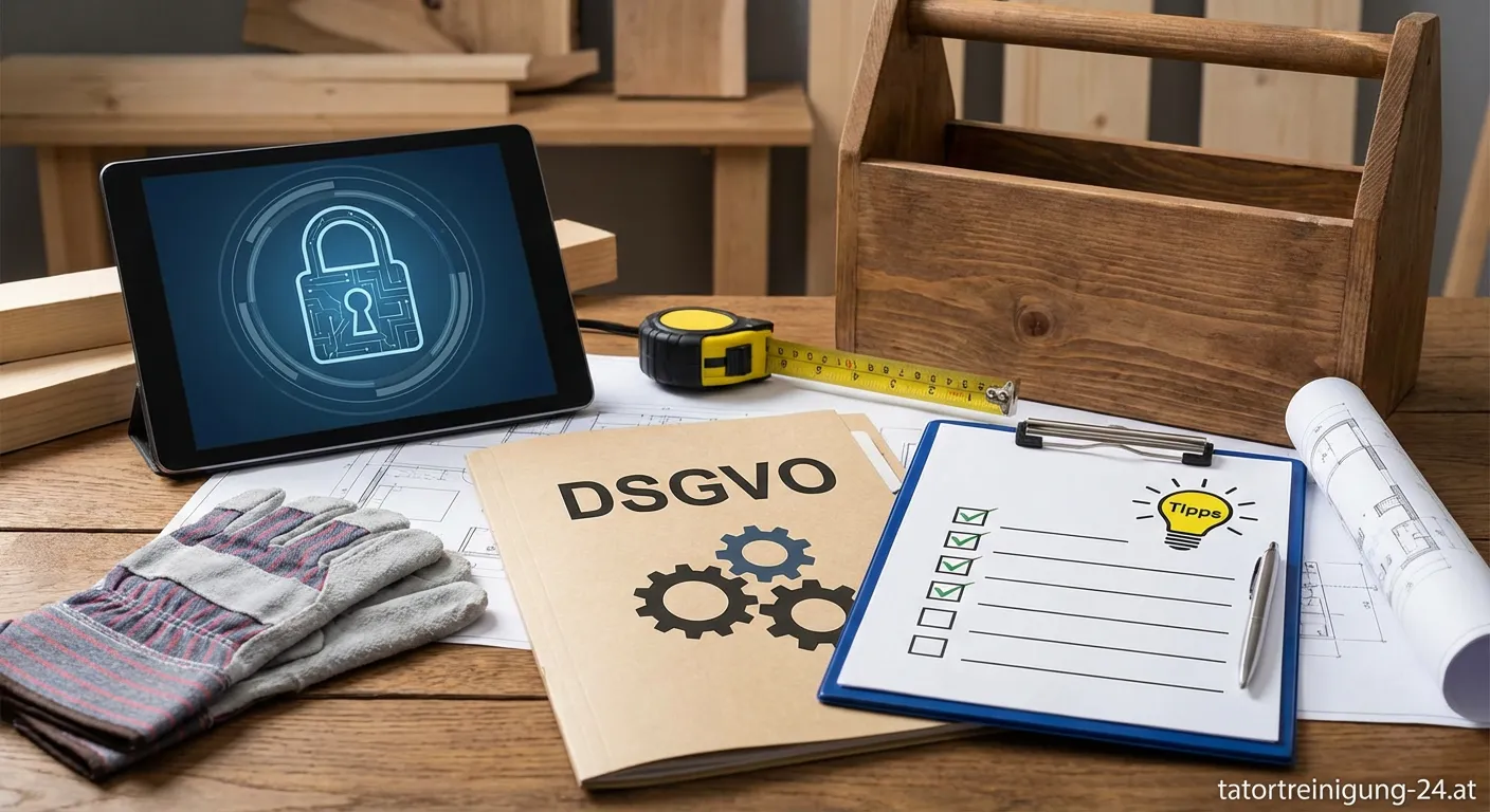 Handwerker prüft Datenschutzunterlagen auf einem Tablet auf der Baustelle