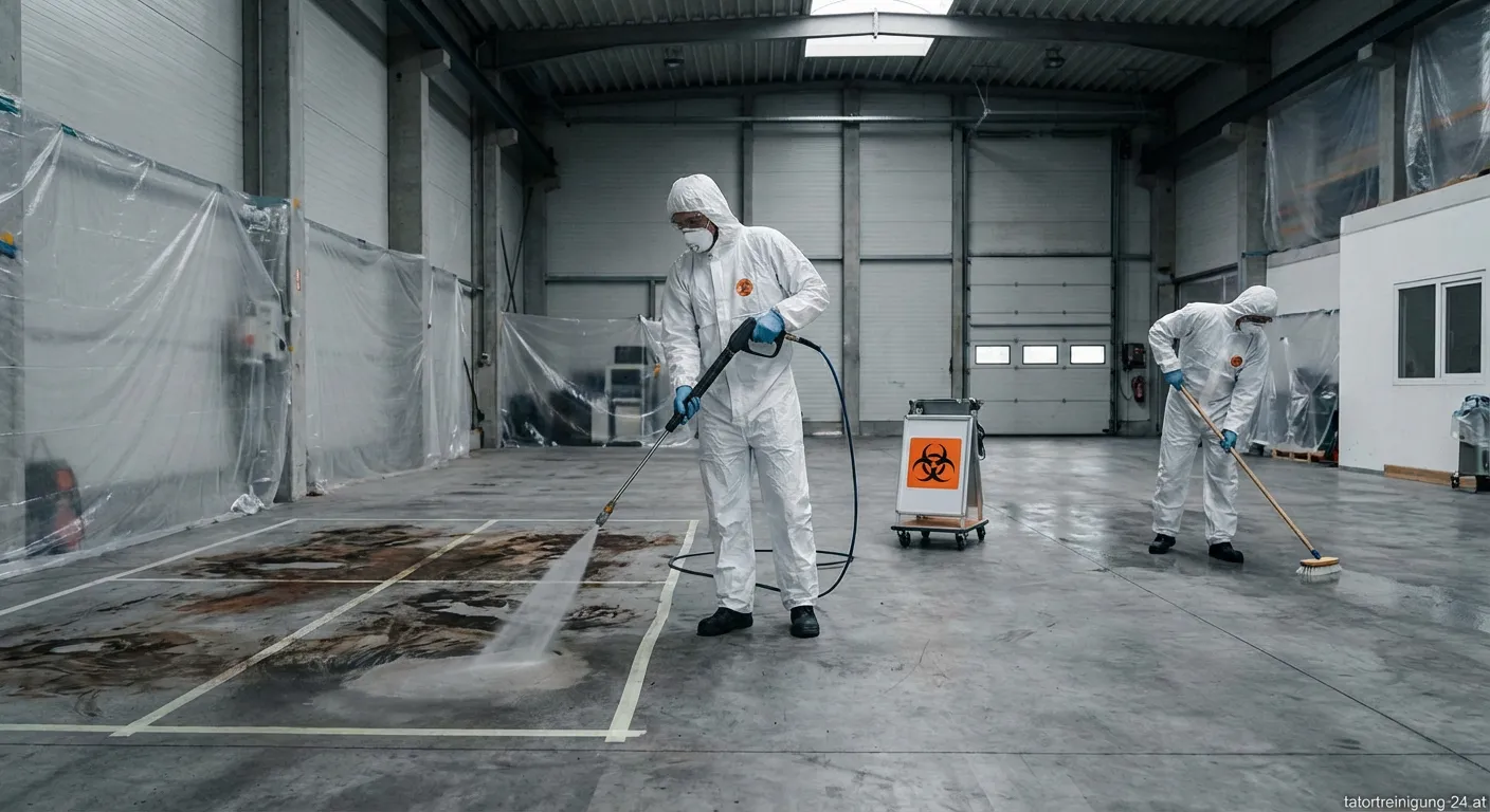 Tatortreiniger in Schutzkleidung reinigt kontaminierten Bereich