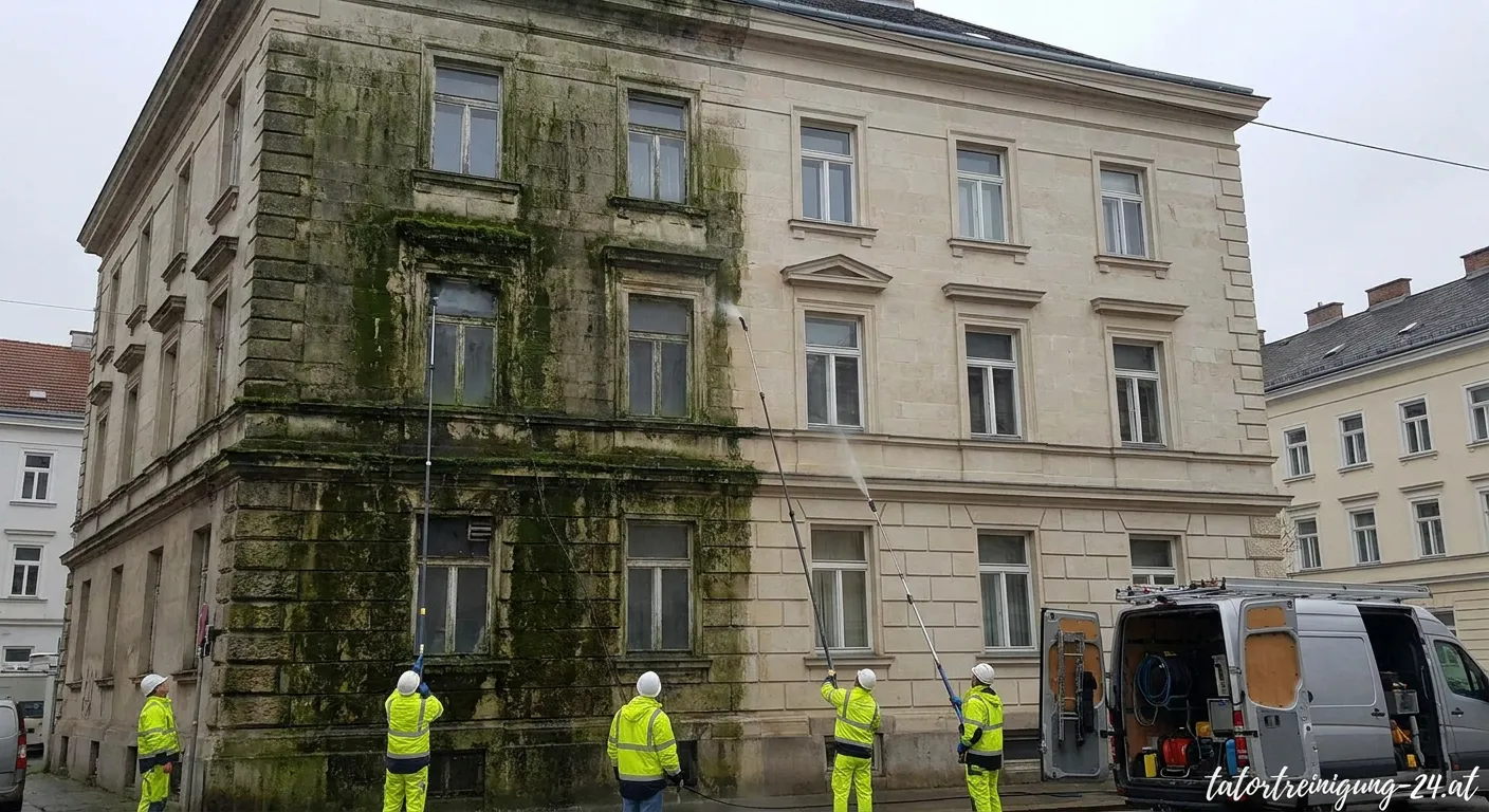 Fassadenreinigung zur Entfernung von Algen und Moos an einer Hauswand