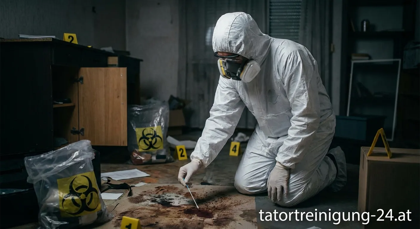 Spezialist in Schutzausrüstung bei der Tatortreinigung mit biologischen Gefahrenstoffen