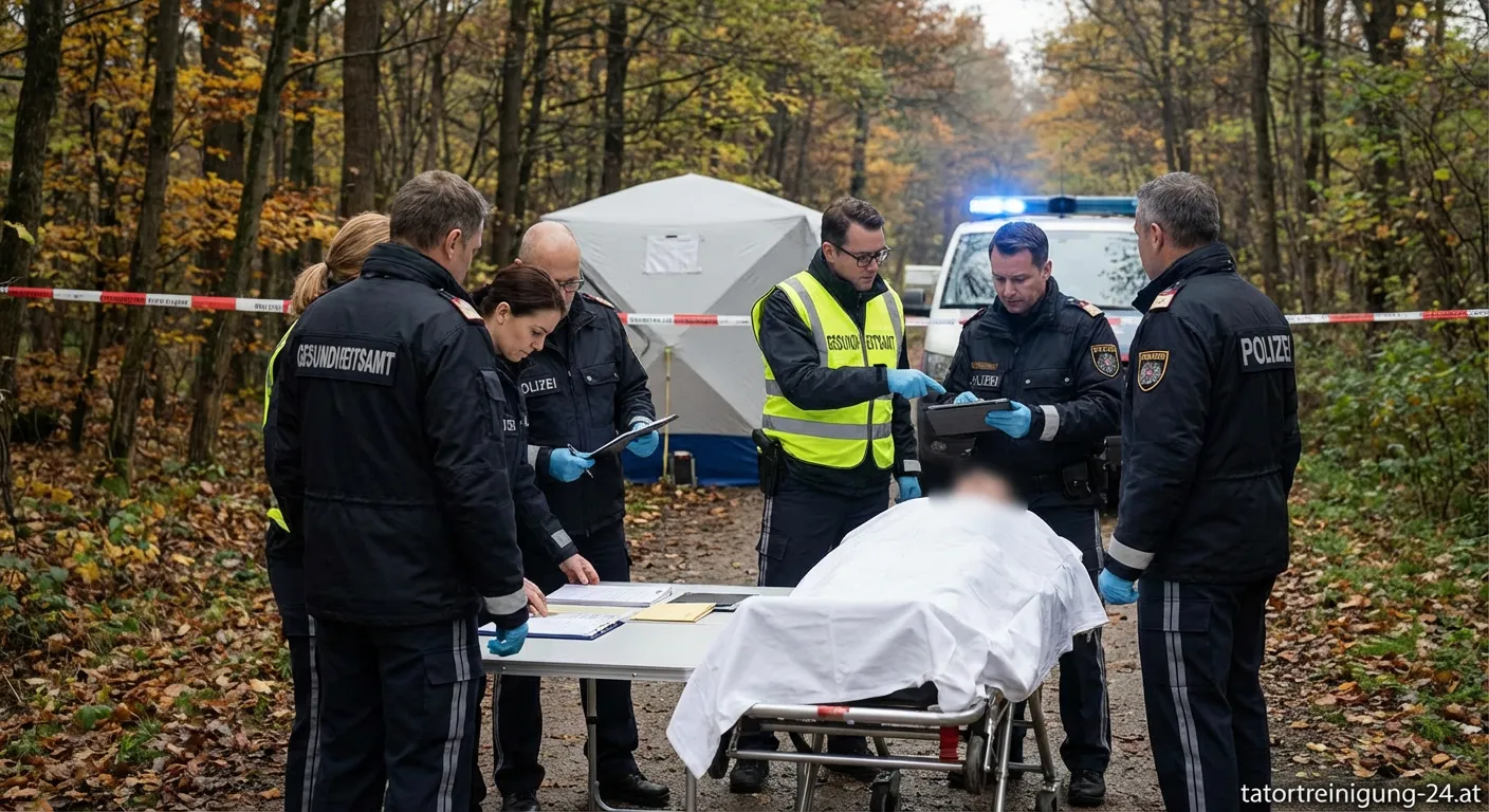 Gesundheitsbeamte untersuchen Fundort eines Leichenfundes