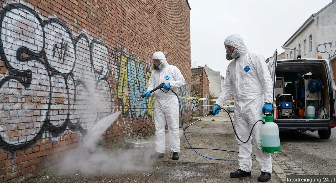 Fachkraft bei der Graffitientfernung an Tatorten mit Schutzausrüstung