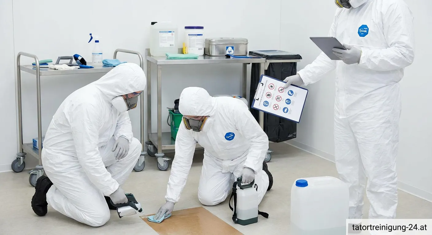 Tatortreiniger in voller Schutzausrüstung bei der professionellen Desinfektion