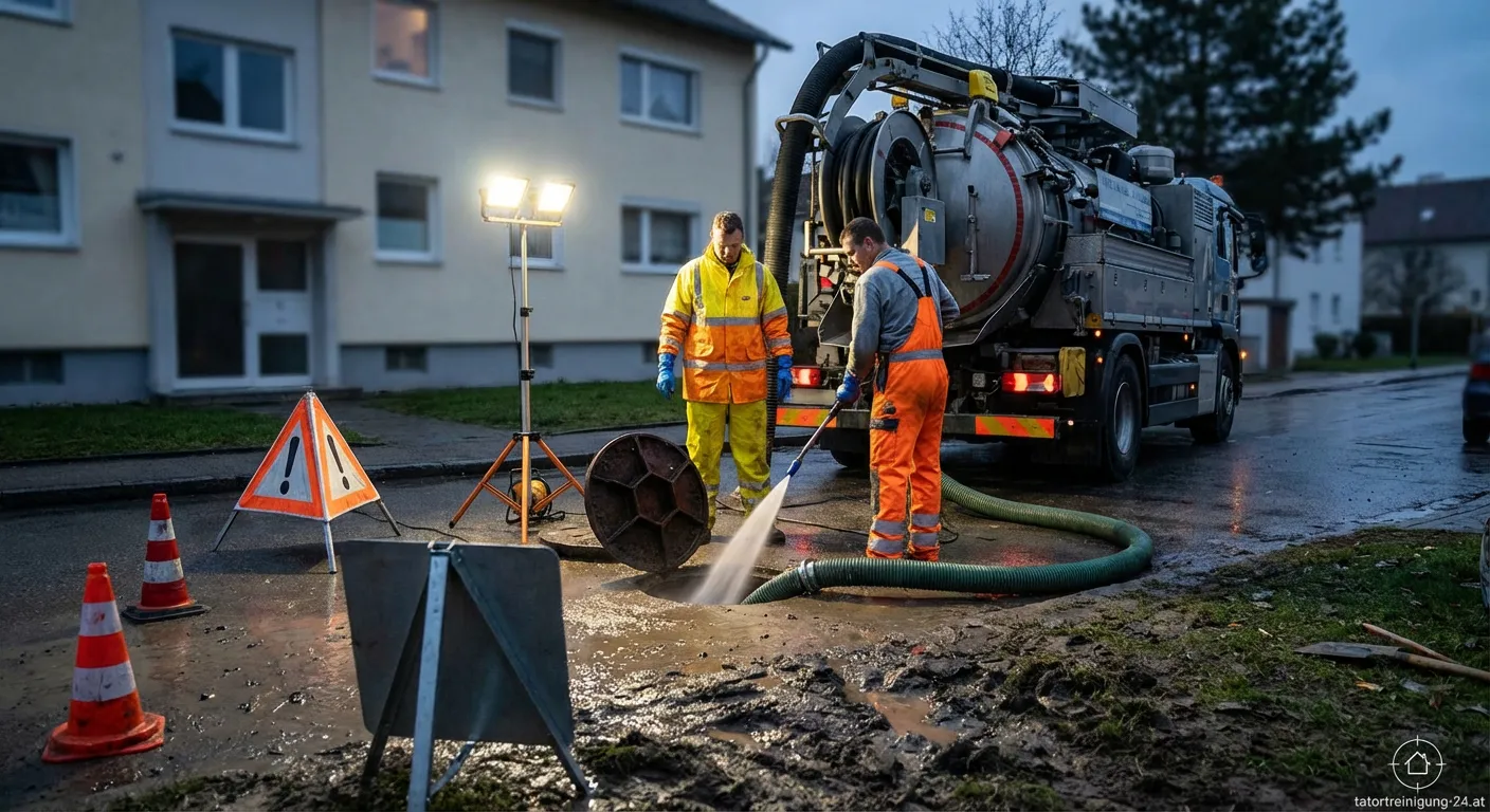 Fachmann bei der Kanalreinigung nach Fäkalienrückstau im Keller