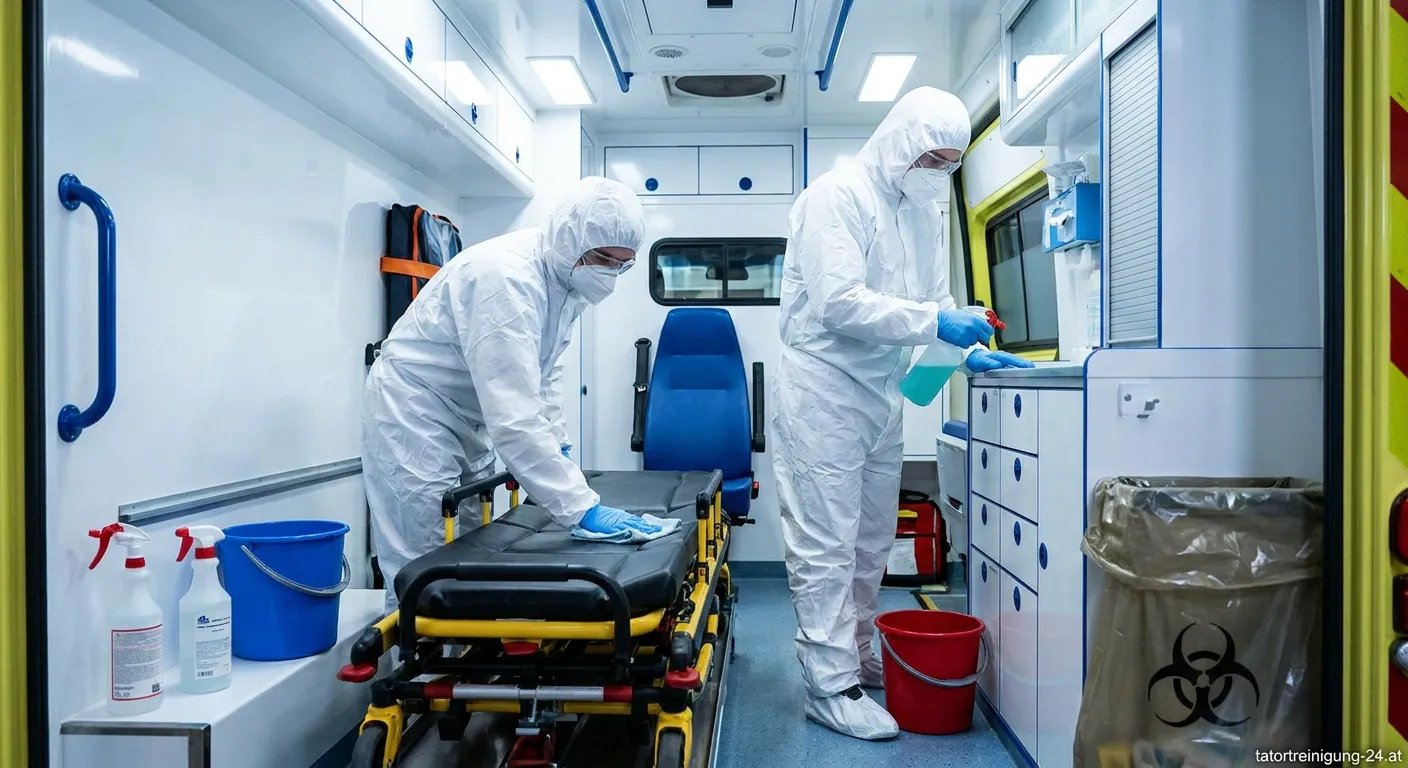 Krankenwageninnenraum während der professionellen Desinfektion nach einem blutigen Einsatz