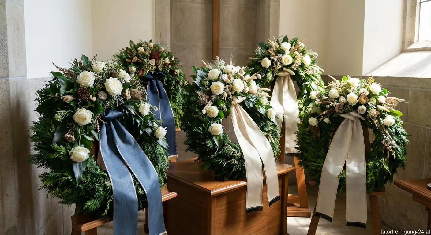 Trauerkranz mit beschrifteter Schleife auf einem Friedhof