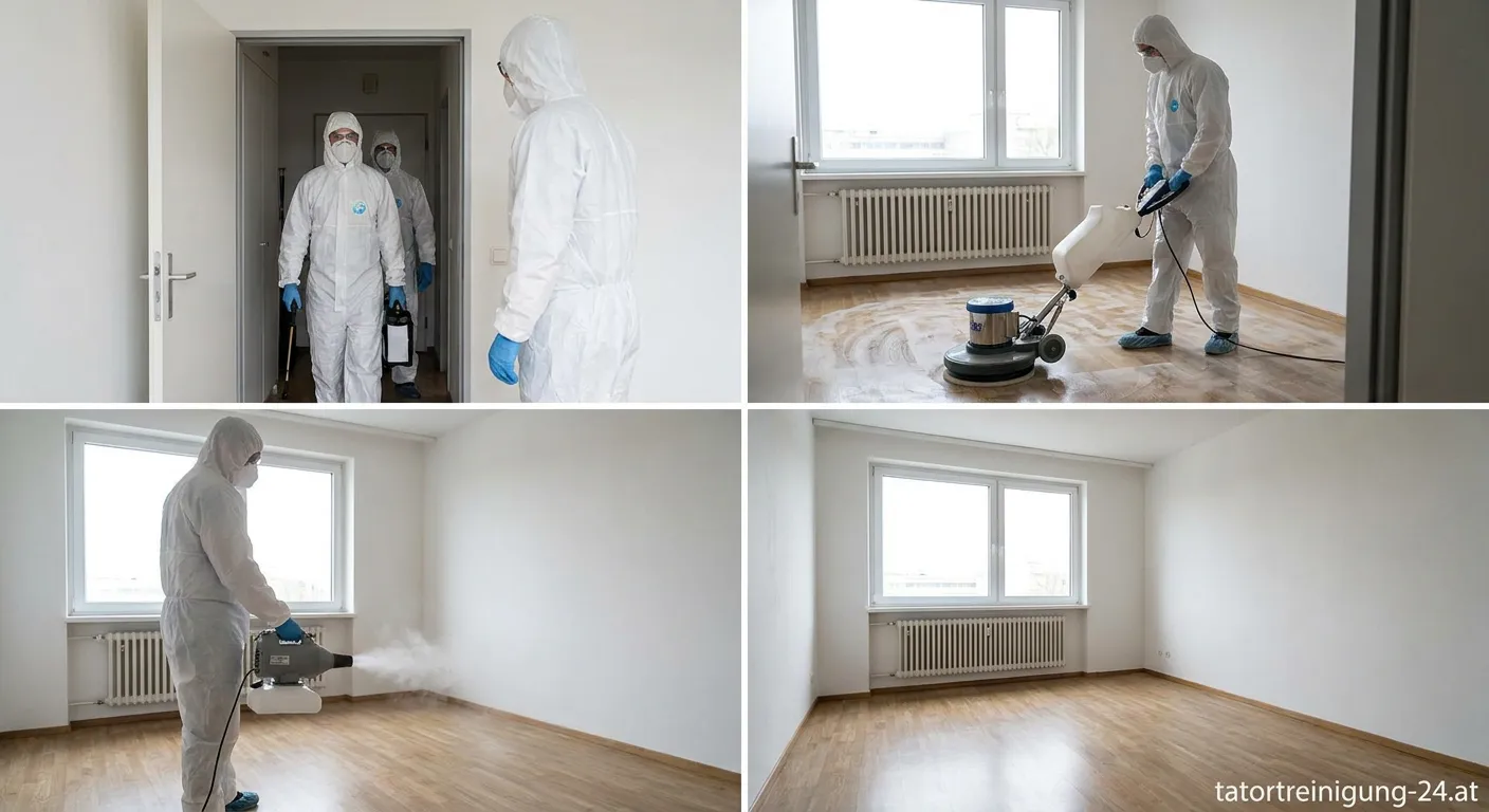 Professionelle Tatortreiniger bei der Desinfektion eines Leichenfundorts