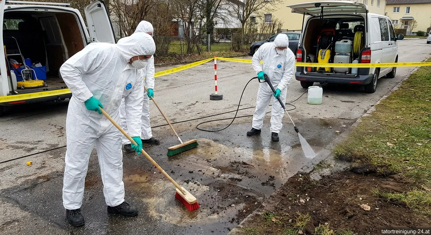 Spezialisten bei der Tatortreinigung auf Asphalt und Erde im Außenbereich