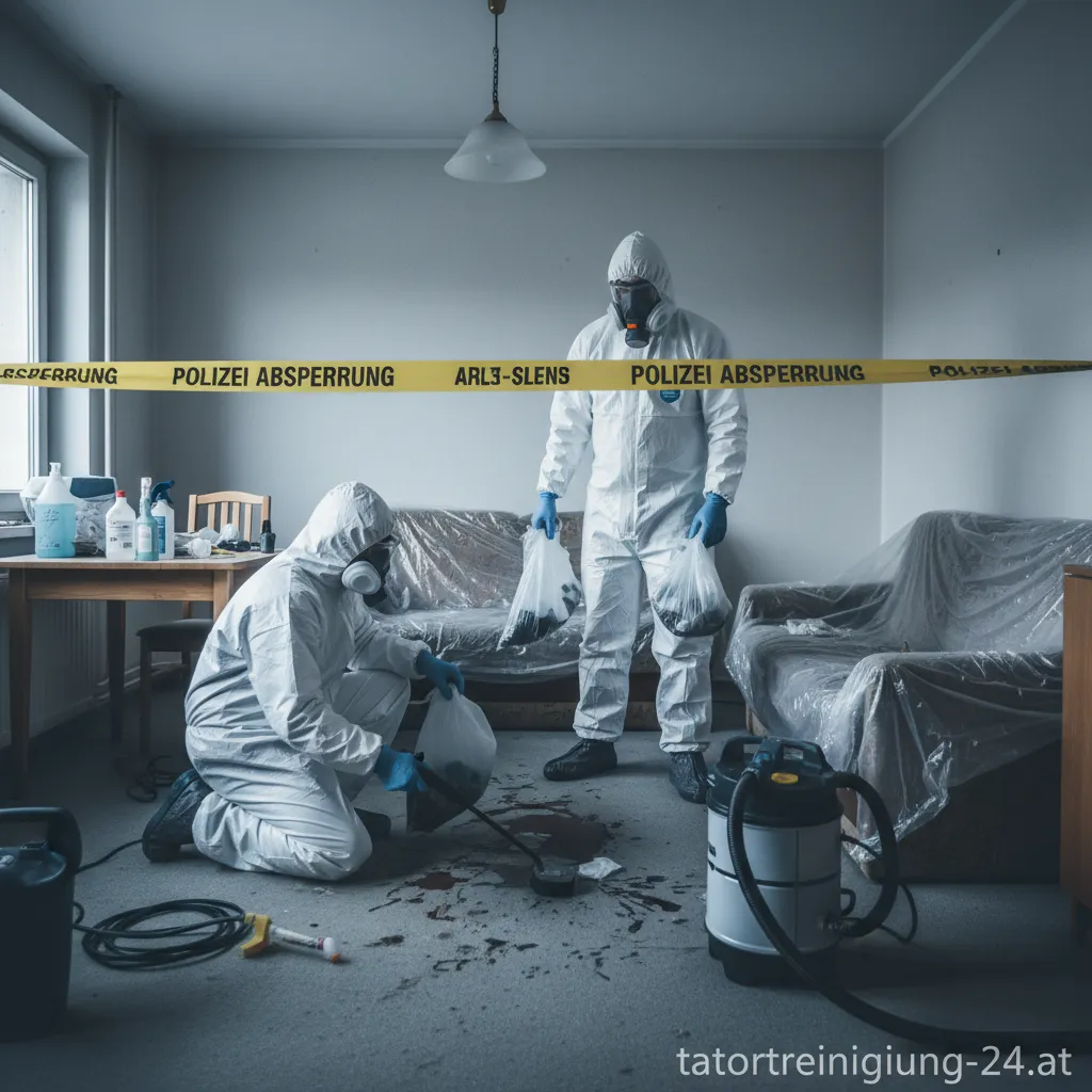 Professionelles Team bei der Tatortreinigung in Schutzausrüstung