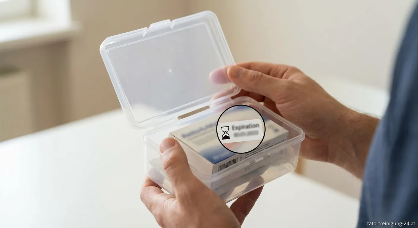 Person prüft das Ablaufdatum eines Verbandkastens