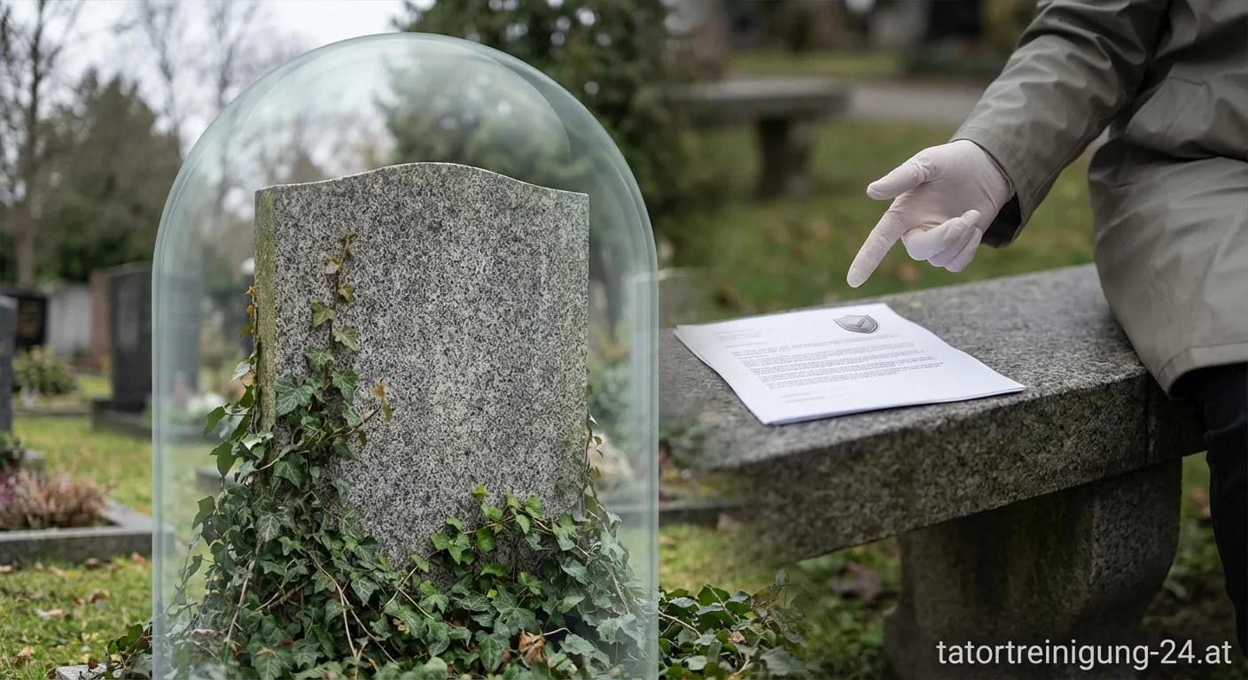 Beschädigter Grabstein auf einem Friedhof durch Sturm und Vandalismus